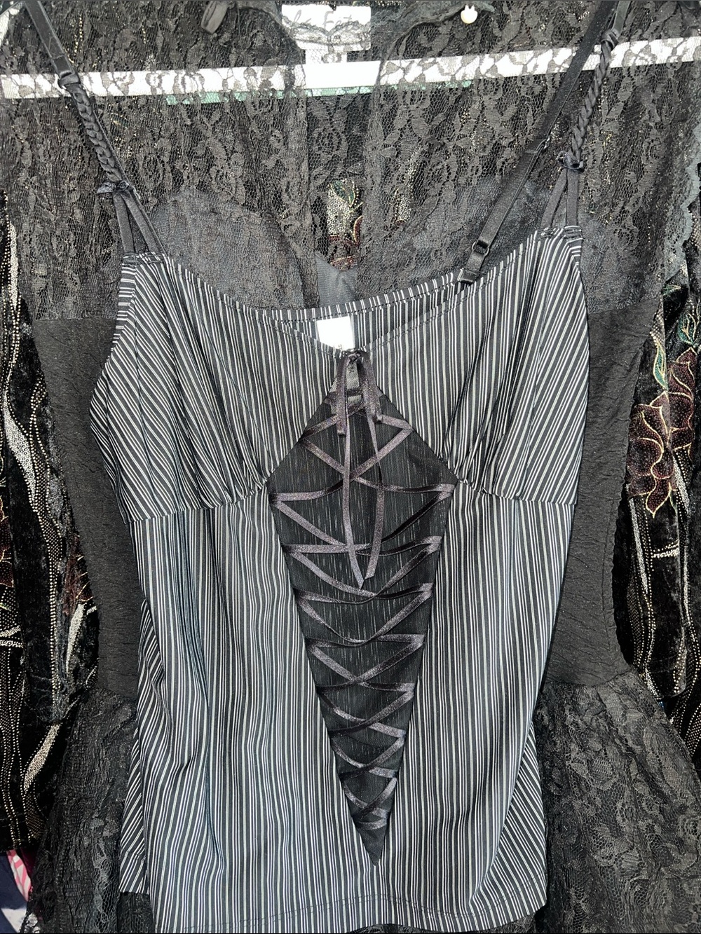 Y2K PinStriped goth sheer corset style Detail adjustable Cami Top